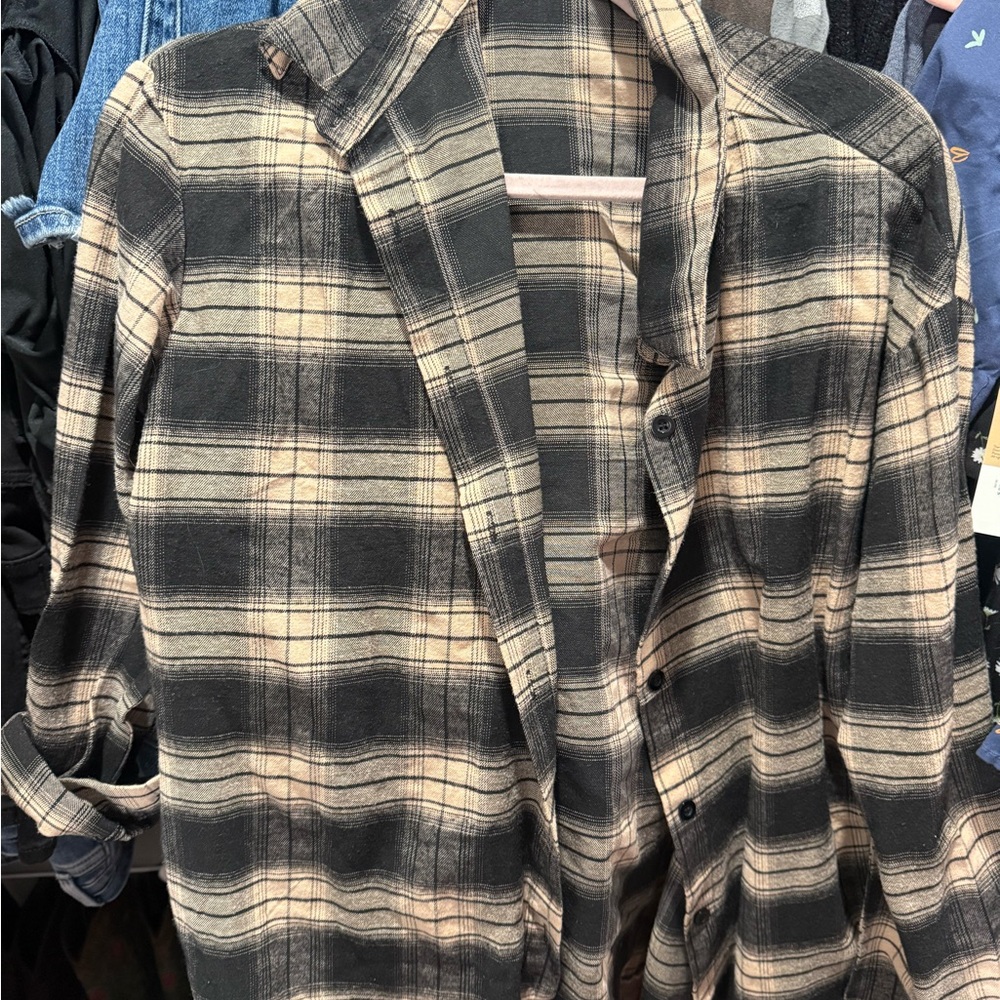 SHEIN Black and Tan Plaid Button Down Shirt